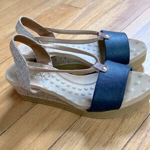 Navy and tan - wedge comfort sandals - size 7